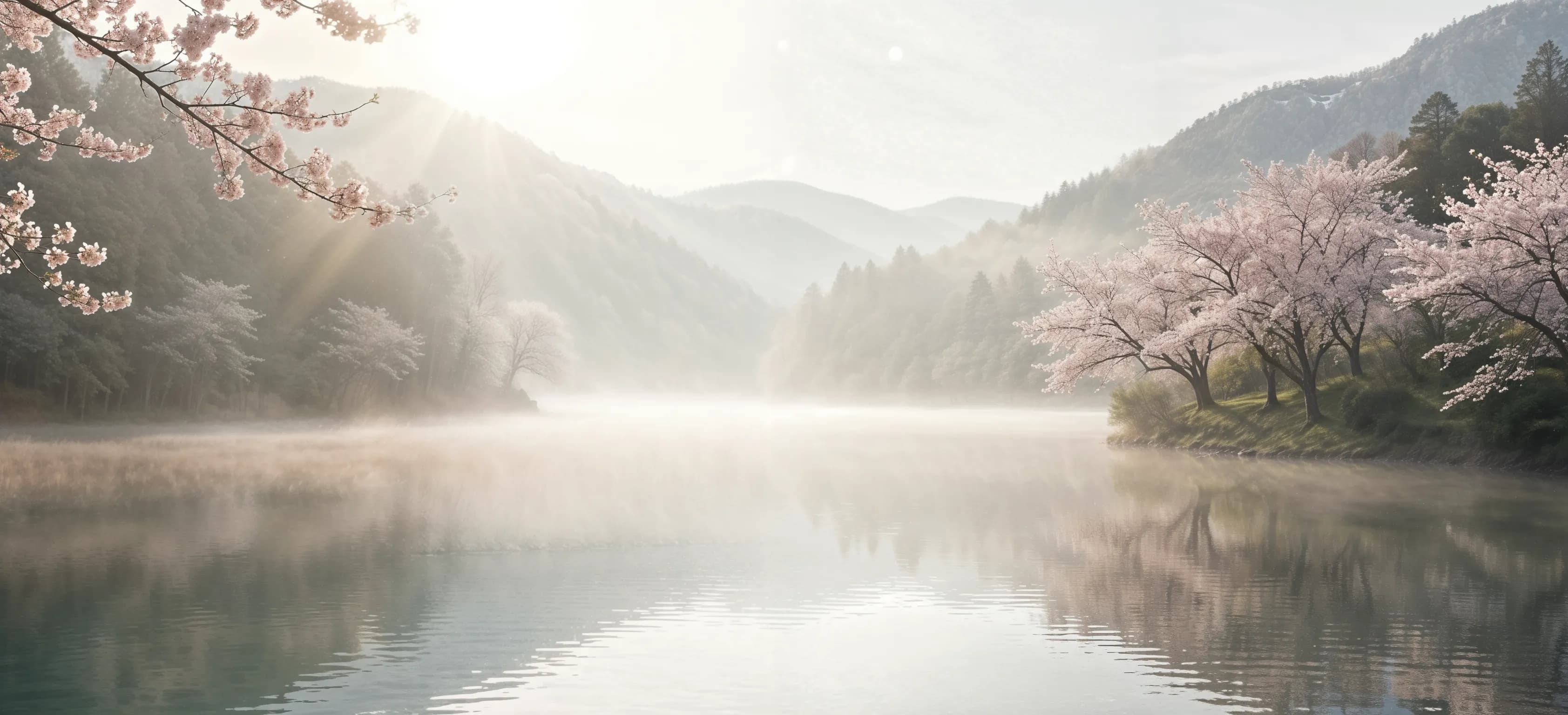 Serene lake with cherry blossoms